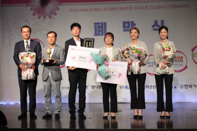 엠디엠 문주현 회장(왼쪽)과 우승팀(충남 SG골프).JPG